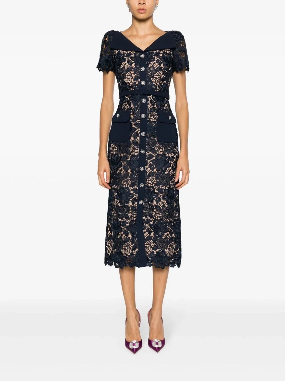 Self-Portrait Navy Lace Open Neck Midi Dress with Nude Lining NWT